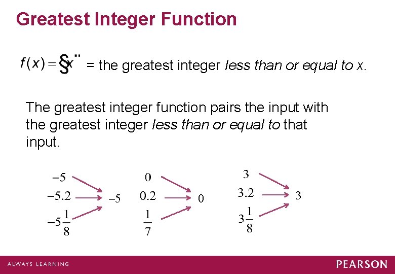 Greatest Integer Function = the greatest integer less than or equal to x. The