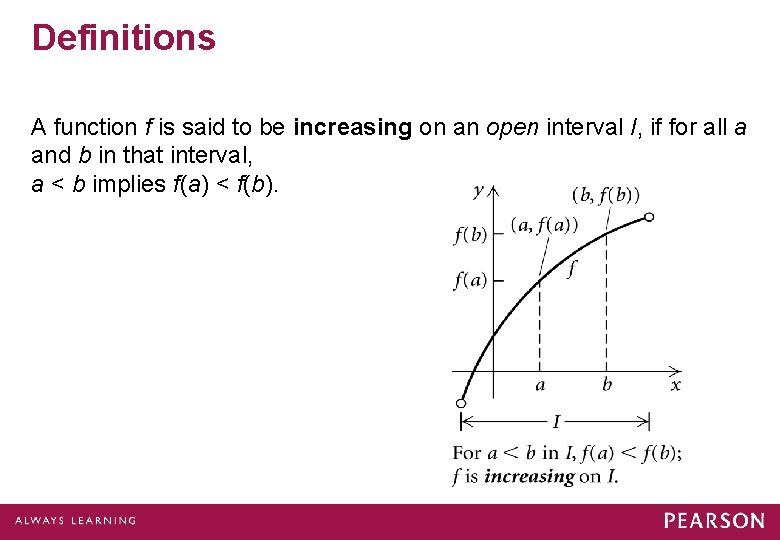 Definitions A function f is said to be increasing on an open interval I,