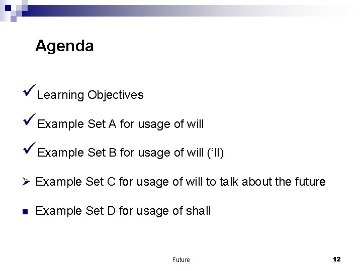 Agenda üLearning Objectives üExample Set A for usage of will üExample Set B for