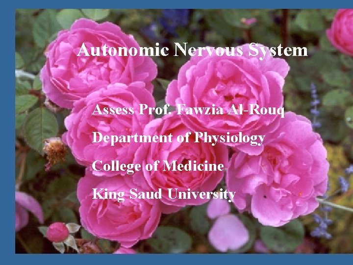 Autonomic Nervous System The Autonomic Nervous Assess Prof. Fawzia Al-Rouq System Department of Physiology