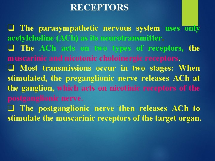 RECEPTORS q The parasympathetic nervous system uses only acetylcholine (ACh) as its neurotransmitter. q RECEPTORS q The parasympathetic nervous system uses only acetylcholine (ACh) as its neurotransmitter. q