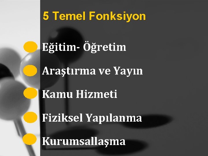 5 Temel Fonksiyon Eğitim- Öğretim Araştırma ve Yayın Kamu Hizmeti Fiziksel Yapılanma Kurumsallaşma 