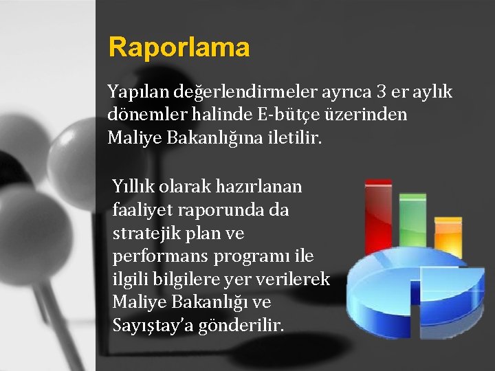 Raporlama Yapılan değerlendirmeler ayrıca 3 er aylık dönemler halinde E-bütçe üzerinden Maliye Bakanlığına iletilir.