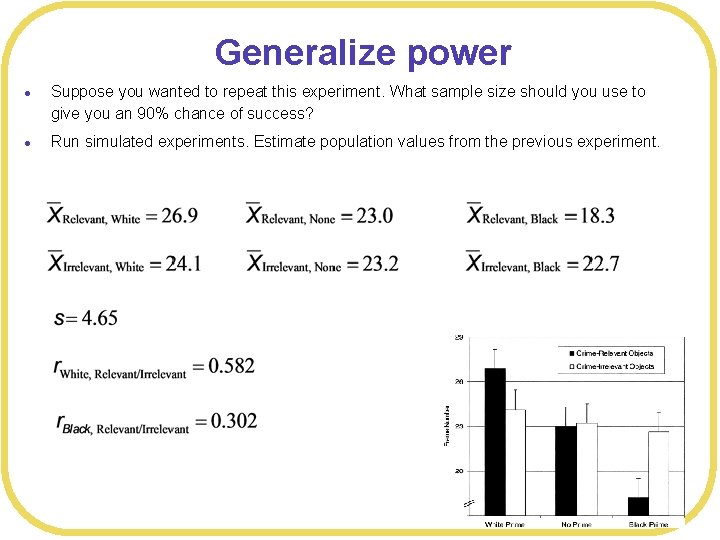 Generalize power l l Suppose you wanted to repeat this experiment. What sample size