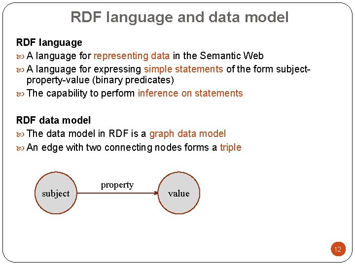 RDF language and data model RDF language A language for representing data in the