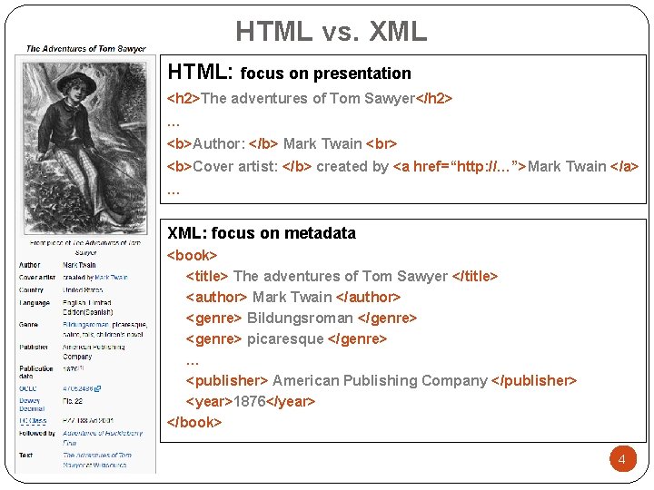 HTML vs. XML HTML: focus on presentation <h 2>The adventures of Tom Sawyer</h 2>