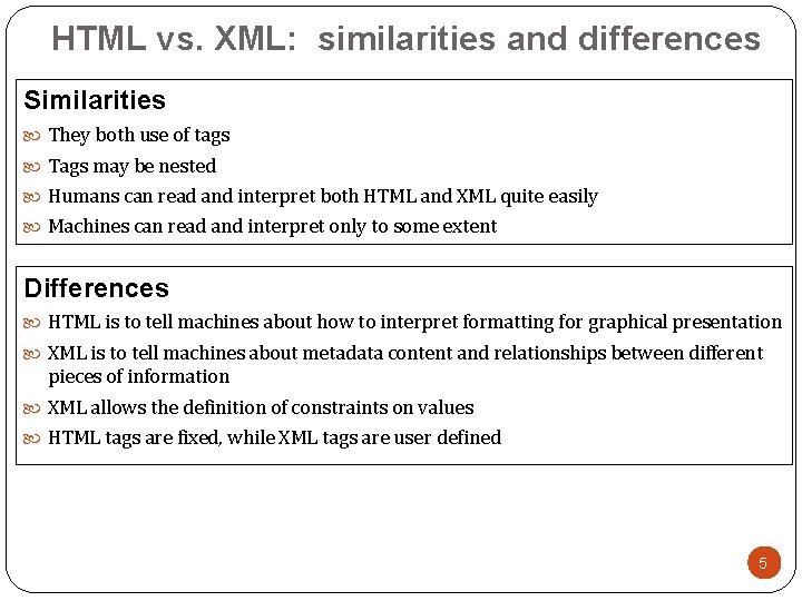 HTML vs. XML: similarities and differences Similarities They both use of tags Tags may