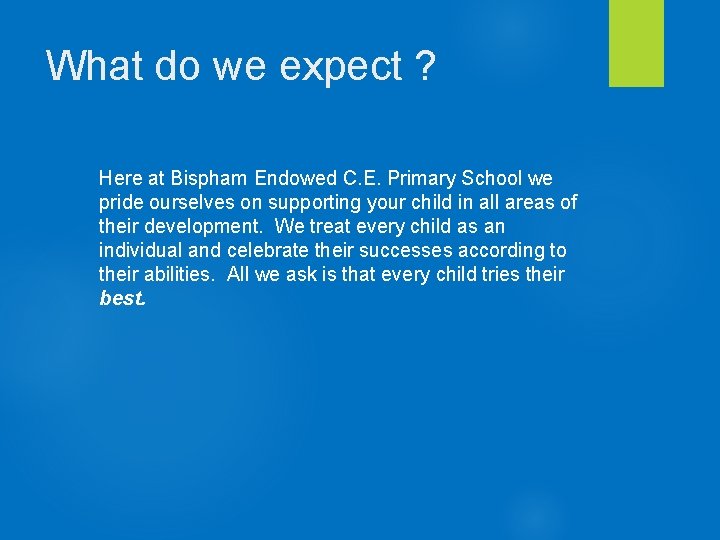 What do we expect ? Here at Bispham Endowed C. E. Primary School we