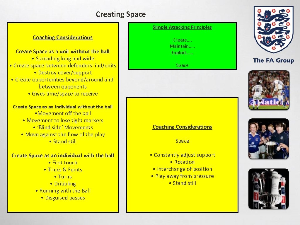 Creating Space Simple Attacking Principles Coaching Considerations Create Space as a unit without the