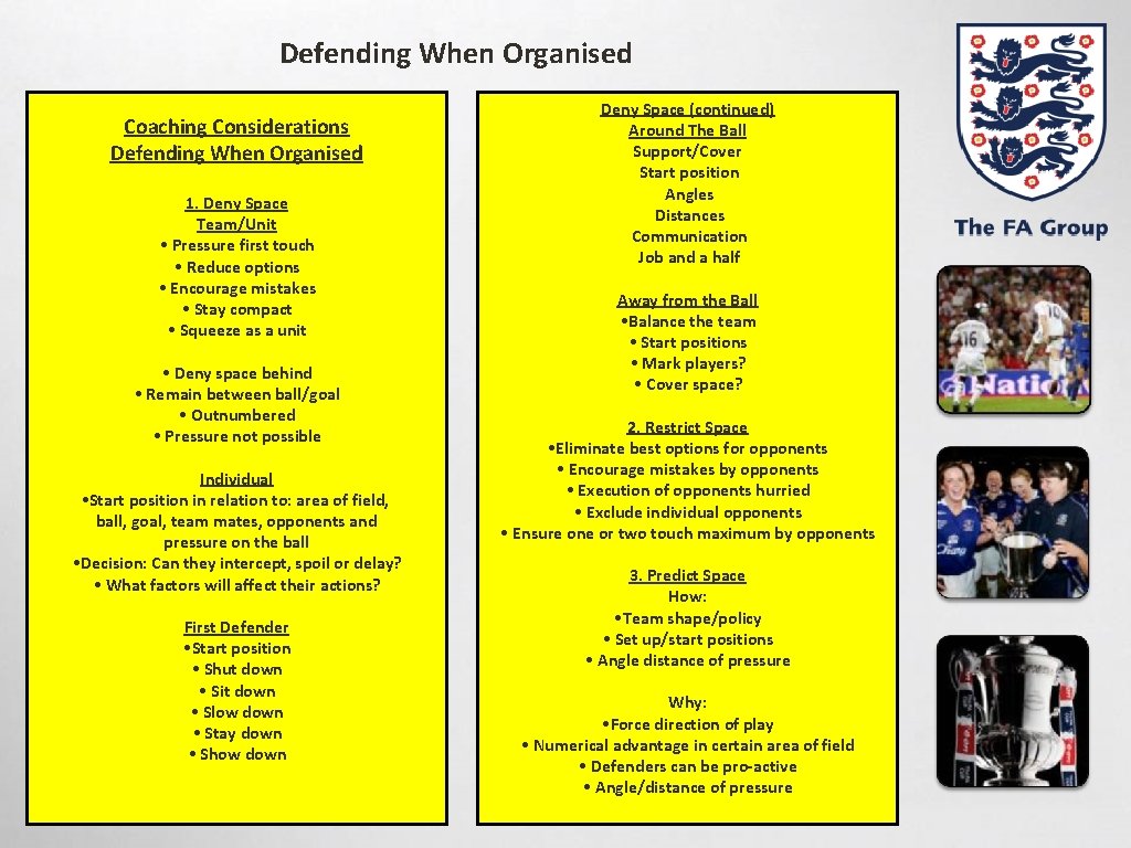 Defending When Organised Coaching Considerations Defending When Organised 1. Deny Space Team/Unit • Pressure