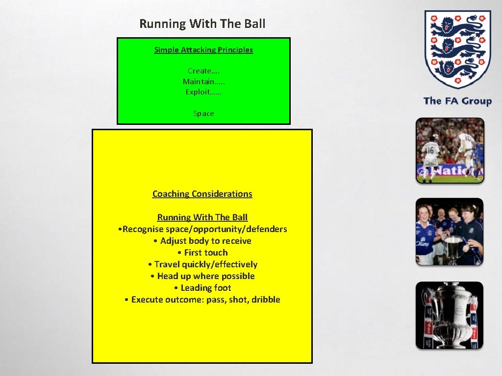 Running With The Ball Simple Attacking Principles Create…. Maintain…. . Exploit…… Space Coaching Considerations