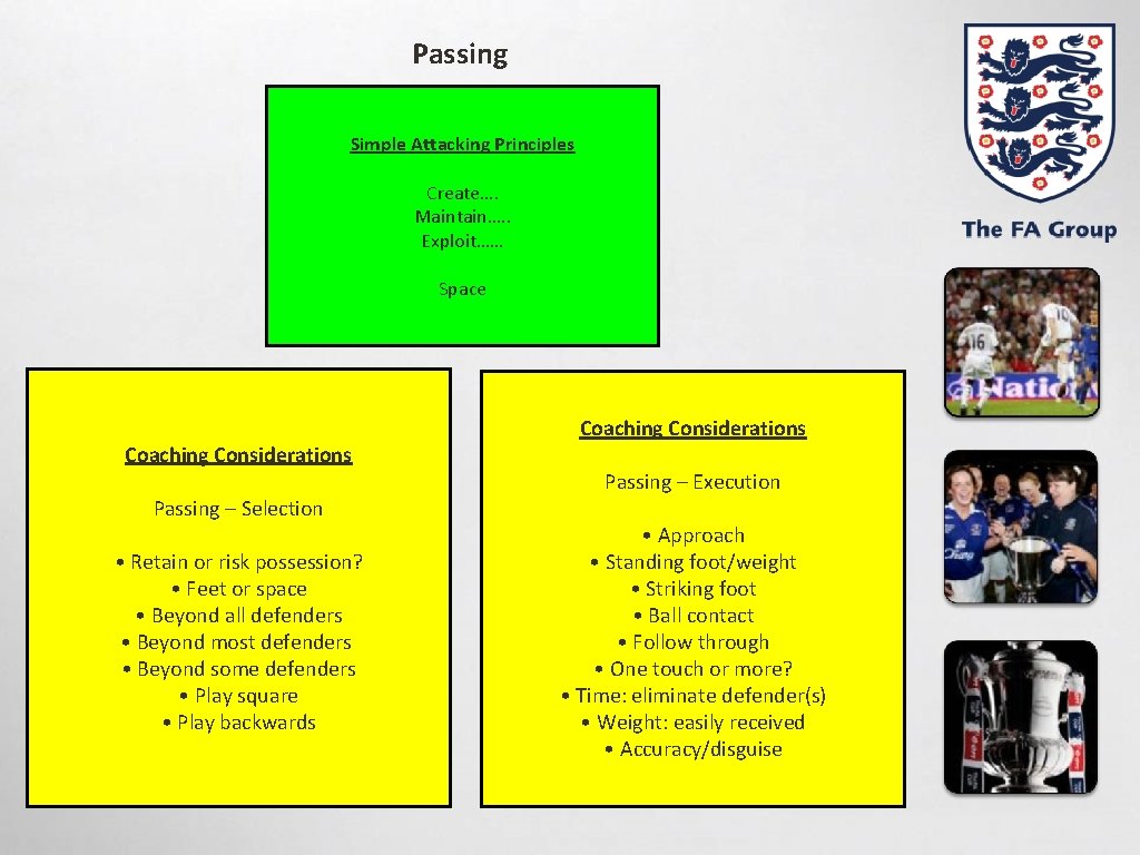 Passing Simple Attacking Principles Create…. Maintain…. . Exploit…… Space Coaching Considerations Passing – Selection
