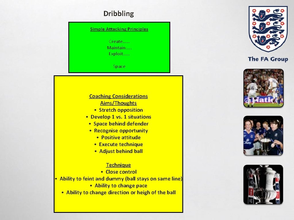 Dribbling Simple Attacking Principles Create…… Maintain…. . Exploit…… Space Coaching Considerations Aims/Thoughts • Stretch