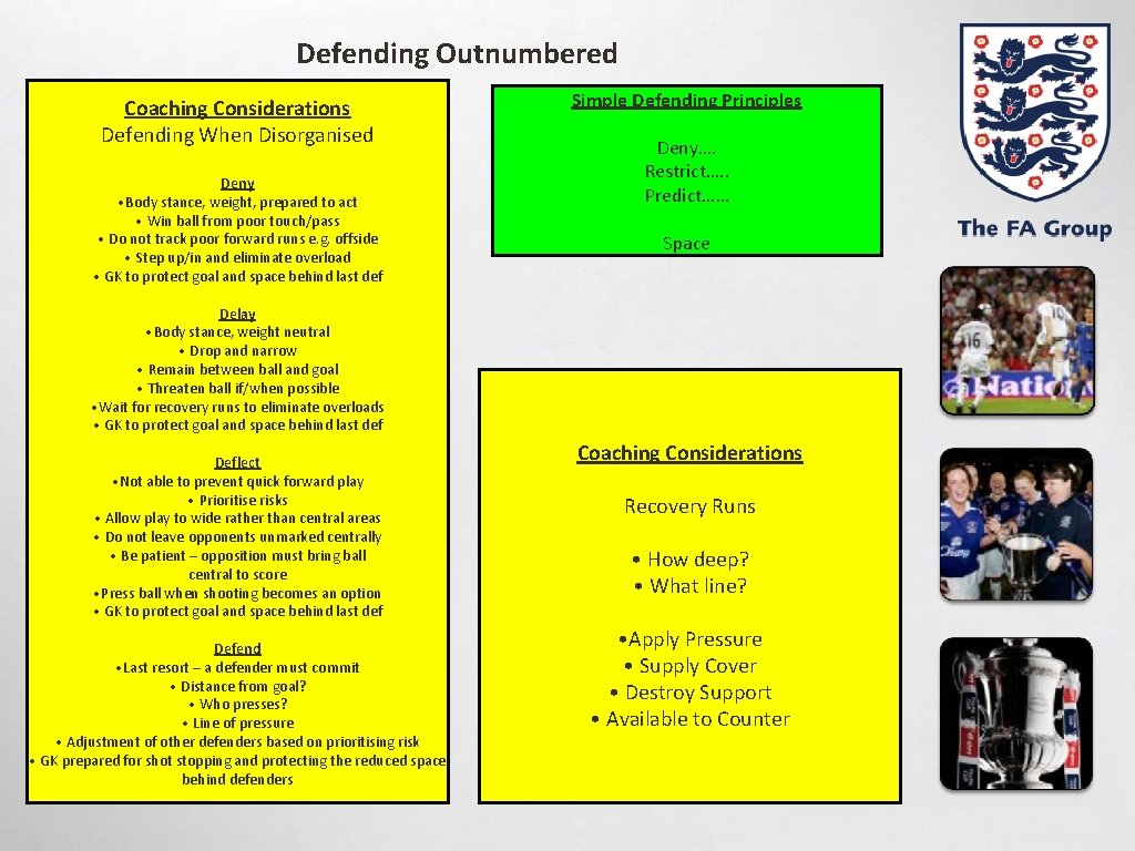 Defending Outnumbered Coaching Considerations Defending When Disorganised Deny • Body stance, weight, prepared to