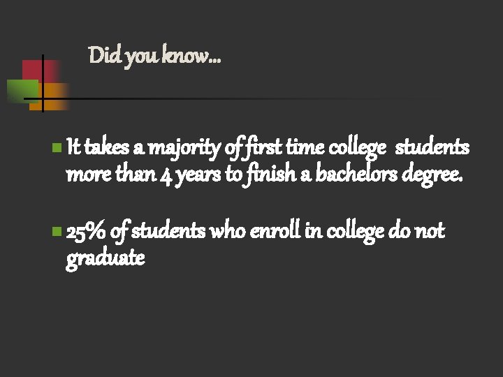 Did you know… n It takes a majority of first time college students more