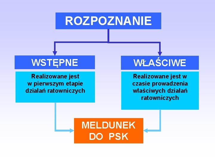 ROZPOZNANIE WSTĘPNE WŁAŚCIWE Realizowane jest w pierwszym etapie działań ratowniczych Realizowane jest w czasie