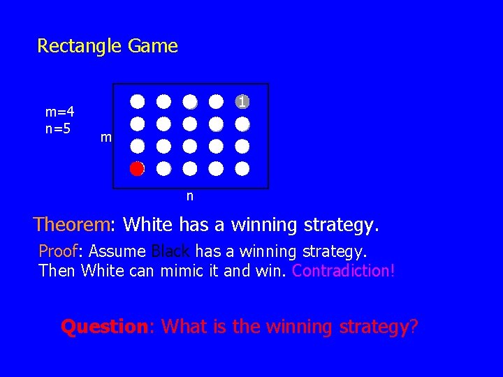 Rectangle Game m=4 n=5 1 m 1 5 2 4 3 n Theorem: White