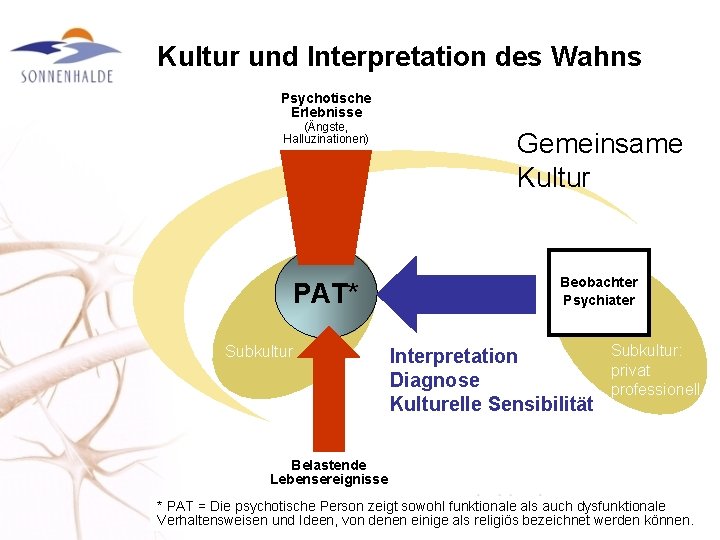 Kultur und Interpretation des Wahns Psychotische Erlebnisse (Ängste, Halluzinationen) PAT* Subkultur Gemeinsame Kultur Beobachter