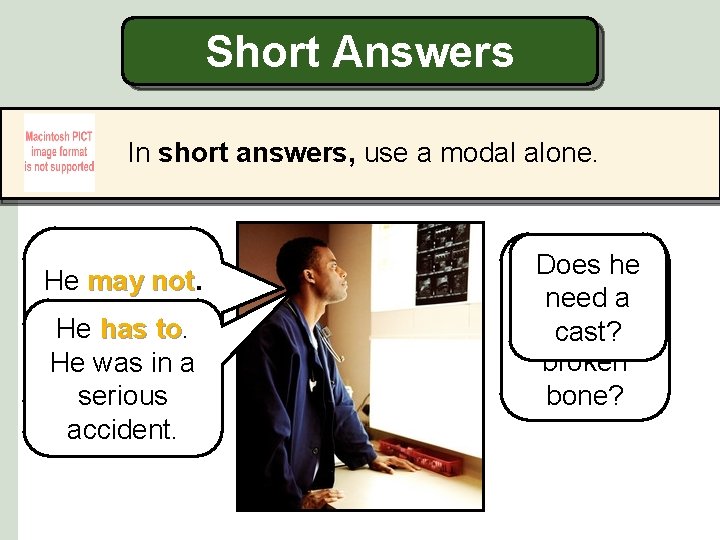 Short Answers In short answers, use a modal alone. He may not The surgeon
