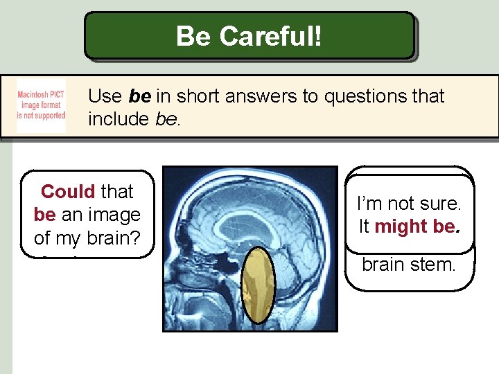 Be Careful! Use be in short answers to questions that include be. Could that