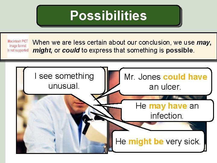 Possibilities When we are less certain about our conclusion, we use may, might, or