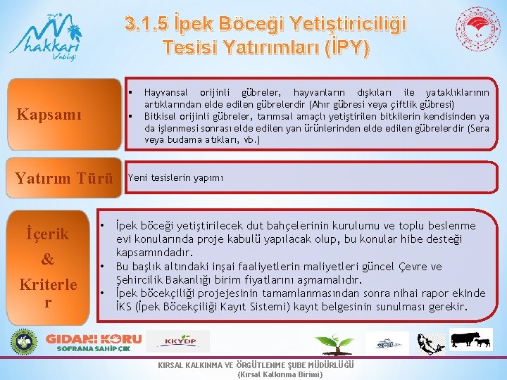 3. 1. 5 İpek Böceği Yetiştiriciliği Tesisi Yatırımları (İPY) § Hayvansal orijinli gübreler, hayvanların