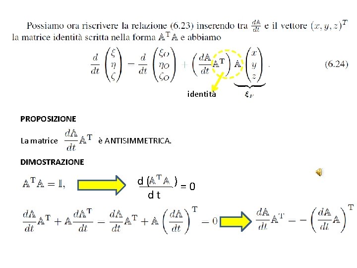 identità PROPOSIZIONE La matrice è ANTISIMMETRICA. DIMOSTRAZIONE d( dt )=0 