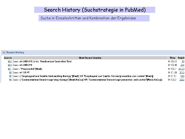 Search History (Suchstrategie in Pub. Med) Suche in Einzelschritten und Kombination der Ergebnisse 