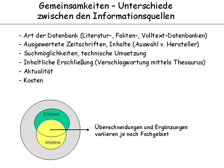 Gemeinsamkeiten – Unterschiede zwischen den Informationsquellen - Art der Datenbank (Literatur-, Fakten-, Volltext-Datenbanken) -