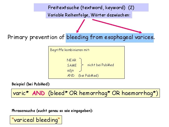 Freitextsuche (textword, keyword) (2) Variable Reihenfolge, Wörter dazwischen: Primary prevention of bleeding from esophageal