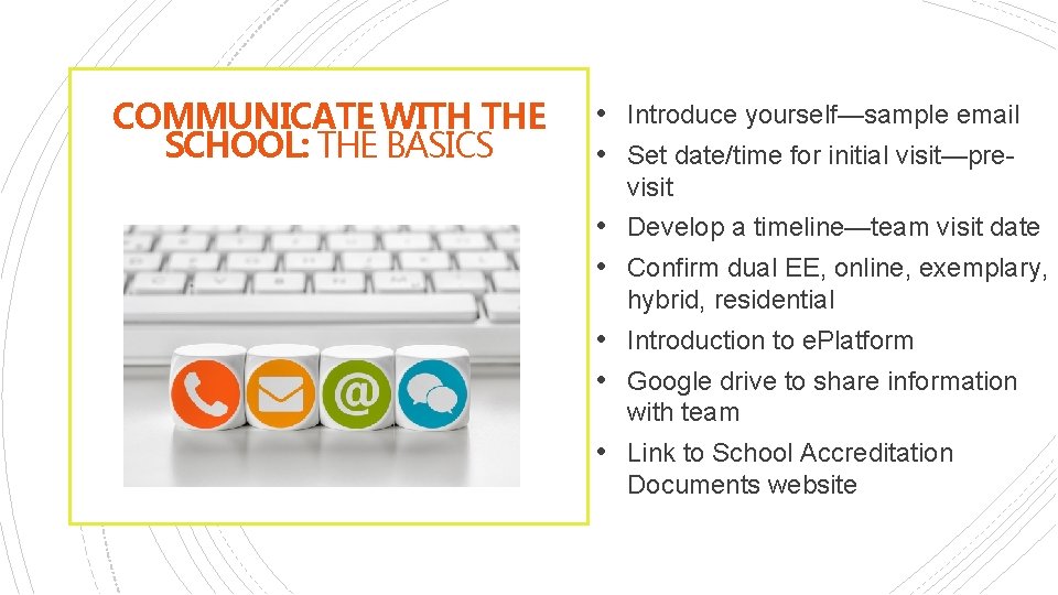 COMMUNICATE WITH THE SCHOOL: THE BASICS • Introduce yourself—sample email • Set date/time for