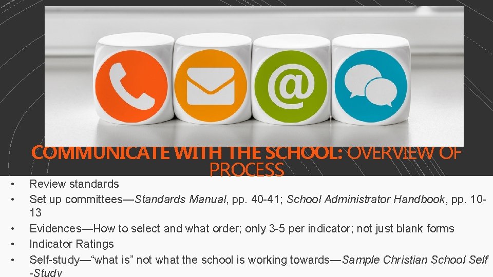  • • • COMMUNICATE WITH THE SCHOOL: OVERVIEW OF PROCESS Review standards Set