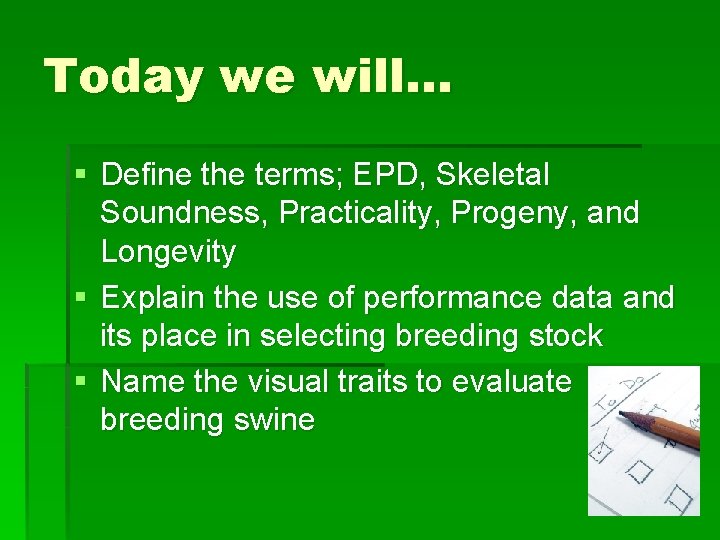 Today we will… § Define the terms; EPD, Skeletal Soundness, Practicality, Progeny, and Longevity