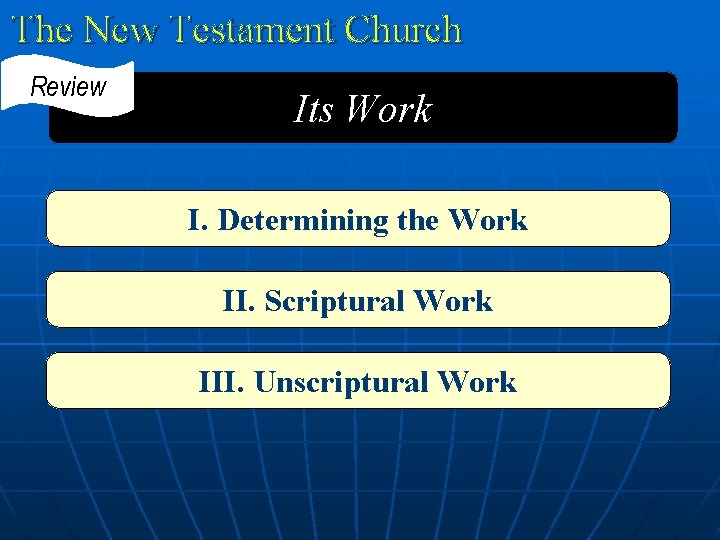 The New Testament Church Review Its Work I. Determining the Work II. Scriptural Work