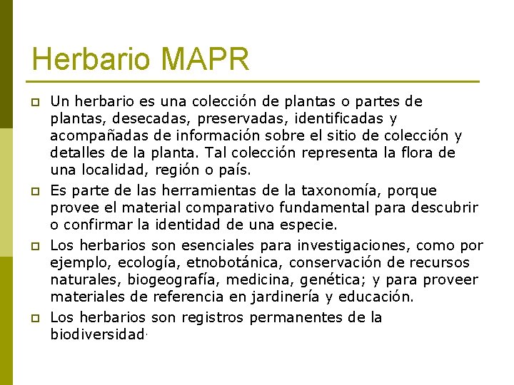 Herbario MAPR p p Un herbario es una colección de plantas o partes de