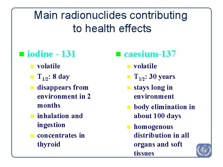 Main radionuclides contributing to health effects n iodine - 131 n n n volatile