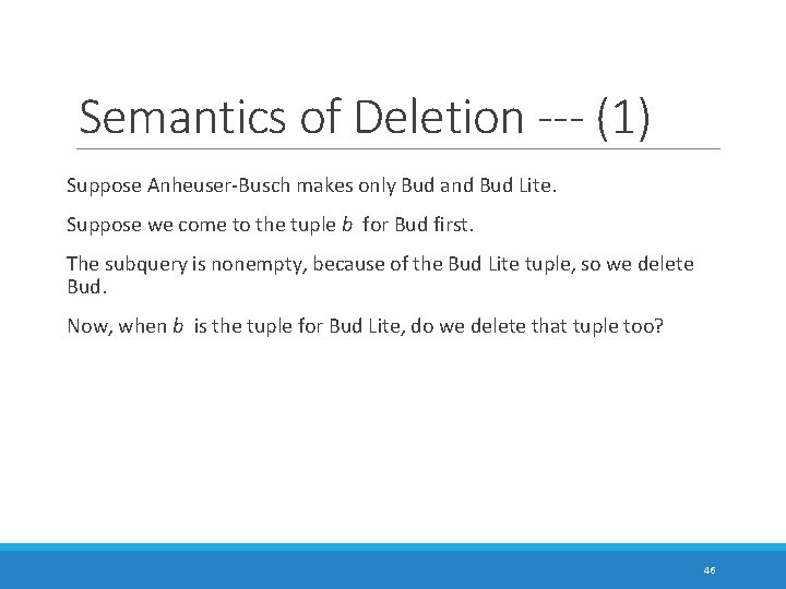 Semantics of Deletion --- (1) Suppose Anheuser-Busch makes only Bud and Bud Lite. Suppose