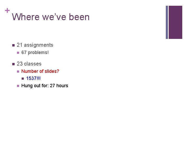 + Where we’ve been n 21 assignments n n 67 problems! 23 classes n