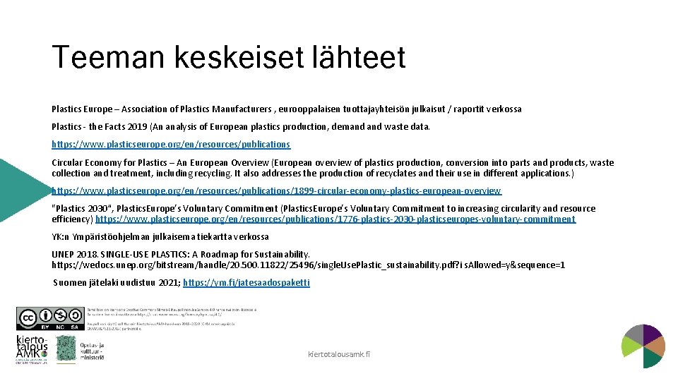 Teeman keskeiset lähteet Plastics Europe – Association of Plastics Manufacturers , eurooppalaisen tuottajayhteisön julkaisut