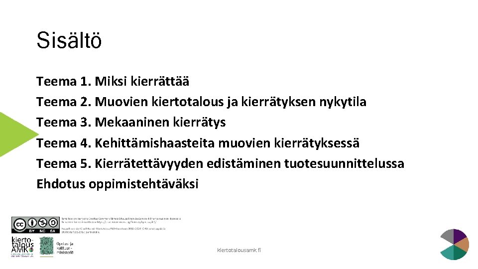 Sisältö Teema 1. Miksi kierrättää Teema 2. Muovien kiertotalous ja kierrätyksen nykytila Teema 3.