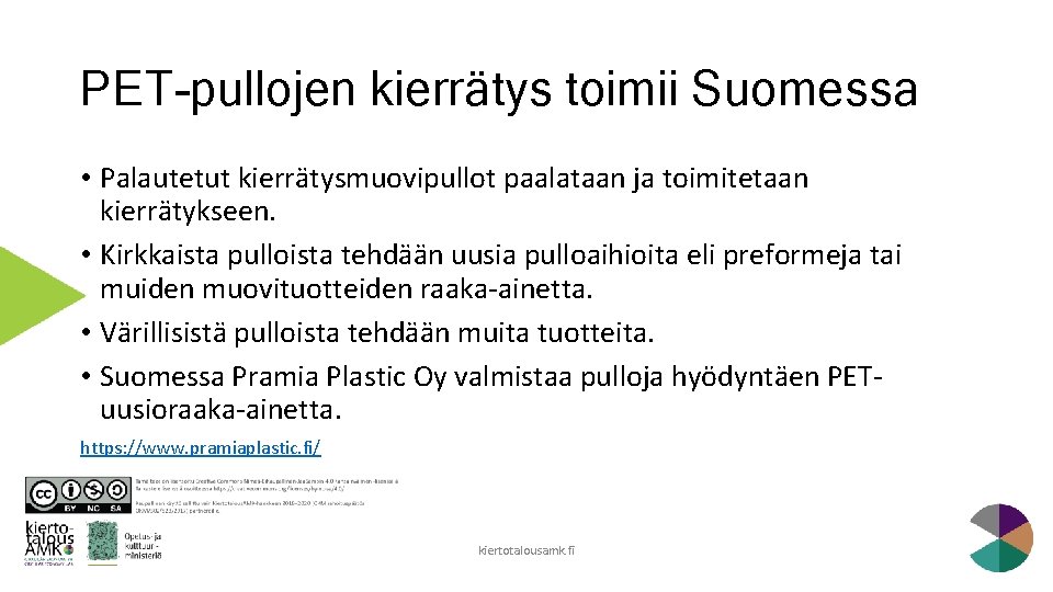 PET-pullojen kierrätys toimii Suomessa • Palautetut kierrätysmuovipullot paalataan ja toimitetaan kierrätykseen. • Kirkkaista pulloista