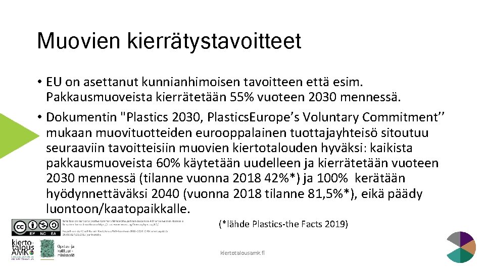 Muovien kierrätystavoitteet • EU on asettanut kunnianhimoisen tavoitteen että esim. Pakkausmuoveista kierrätetään 55% vuoteen