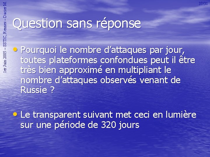 1 er Juin 2005 – SSTIC, Rennes – Dacier M. 37/31 Question sans réponse