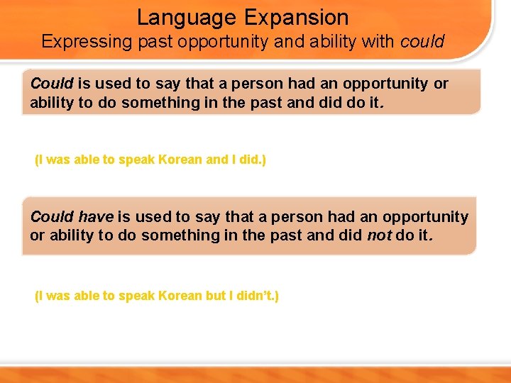 Language Expansion Expressing past opportunity and ability with could Could is used to say