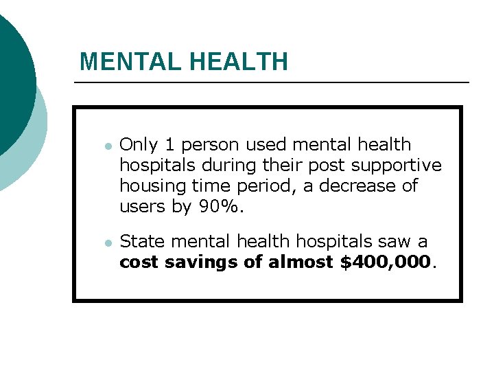 MENTAL HEALTH l Only 1 person used mental health hospitals during their post supportive