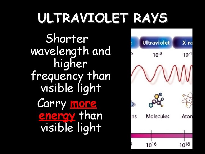 ULTRAVIOLET RAYS Shorter wavelength and higher frequency than visible light Carry more energy than ULTRAVIOLET RAYS Shorter wavelength and higher frequency than visible light Carry more energy than