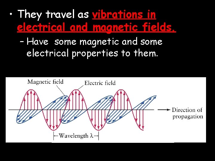 • They travel as vibrations in electrical and magnetic fields. – Have some • They travel as vibrations in electrical and magnetic fields. – Have some