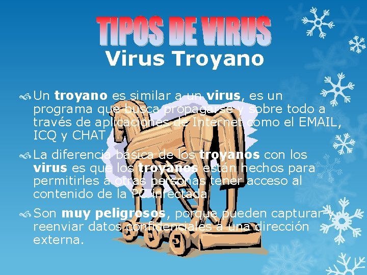 Virus Troyano Un troyano es similar a un virus, es un programa que busca