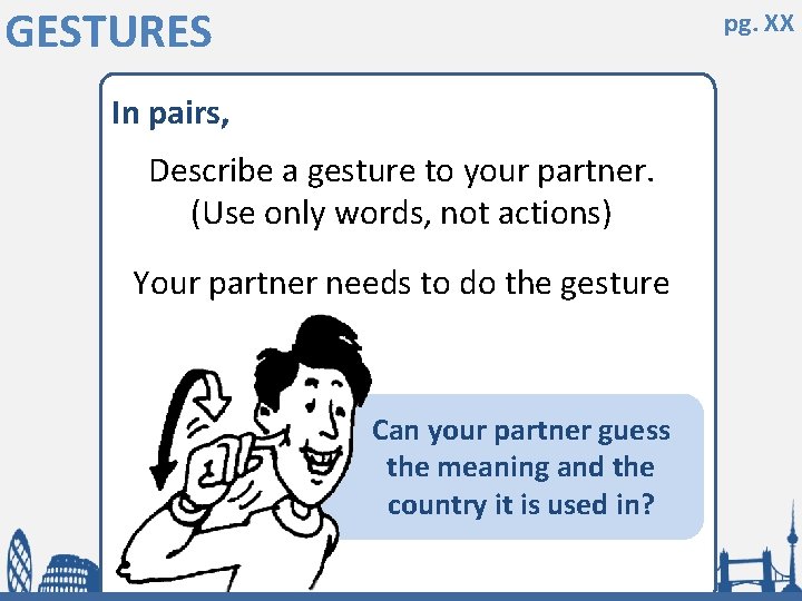 GESTURES pg. XX In pairs, Describe a gesture to your partner. (Use only words,