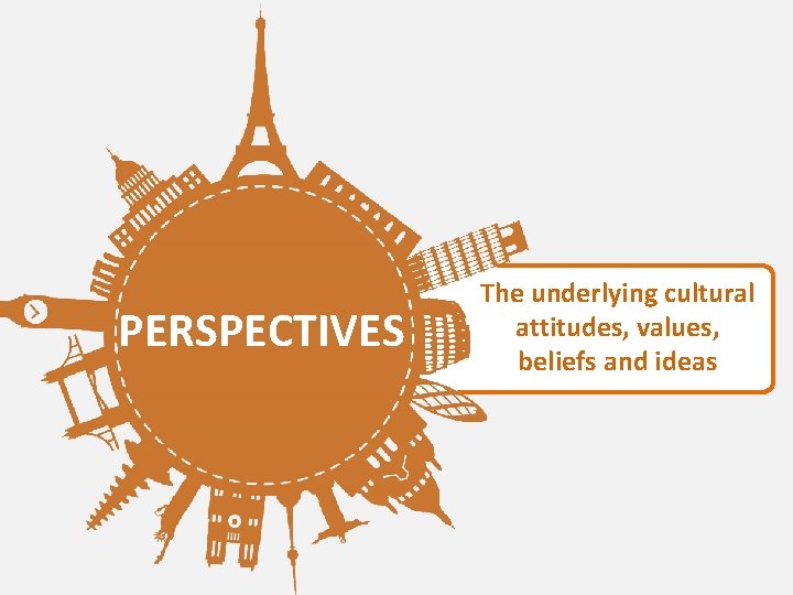 PERSPECTIVES The underlying cultural attitudes, values, beliefs and ideas 